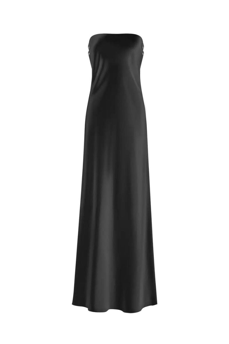 MAJESTIC BLACK STRAPLESS SILK SATIN MAXI DRESS - CULT MIA