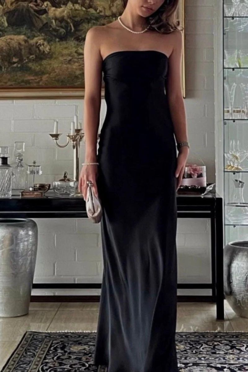 MAJESTIC BLACK STRAPLESS SILK SATIN MAXI DRESS - CULT MIA