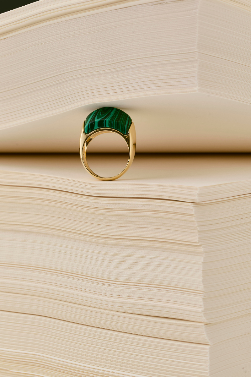 Silver malachite tempo ring by Maria Frering featuring a polished green gemstone and intricate band design.