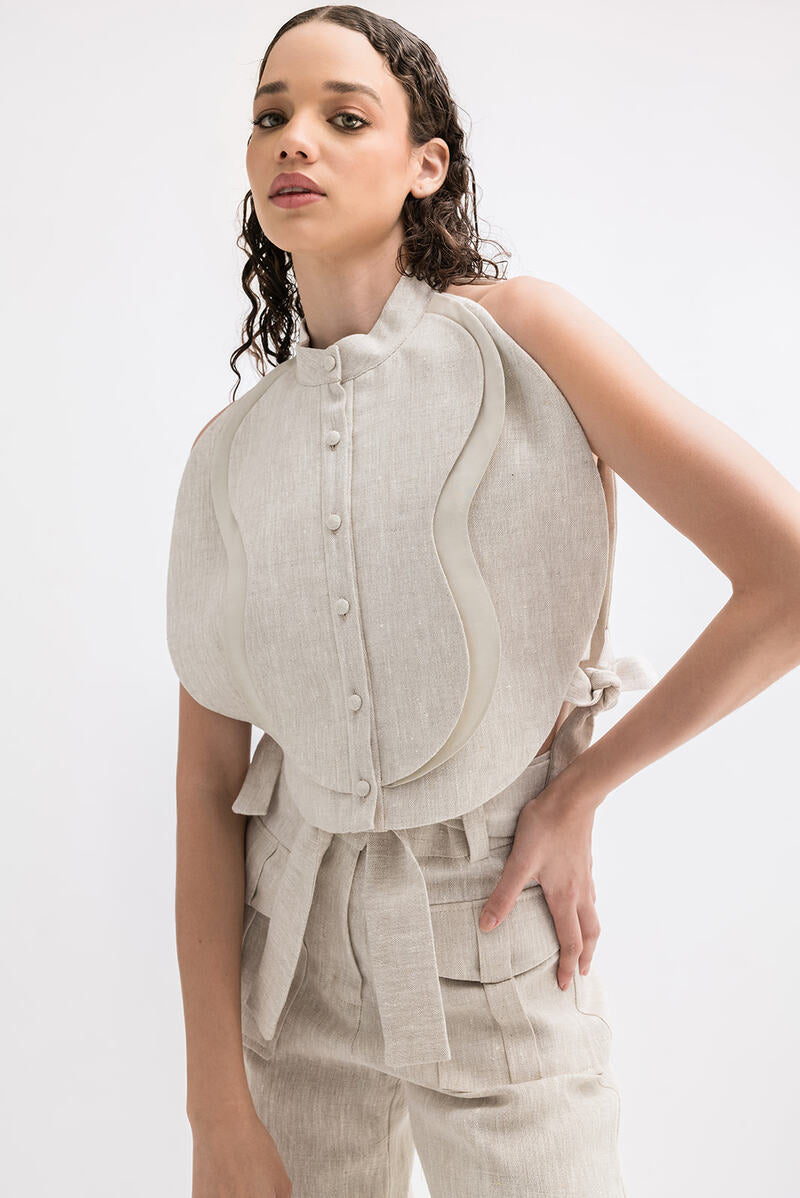 ANA + MARIA Malie Bib in sandy beige, soft tops with a stylish, comfortable design for casual wear.
