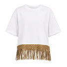 White and gold MALLA TSHIRT by Maylé Vásquez, stylish tops featuring a sleek design and vibrant color combination.