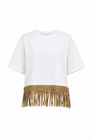 White and gold MALLA TSHIRT by Maylé Vásquez, stylish tops featuring a sleek design and vibrant color combination.