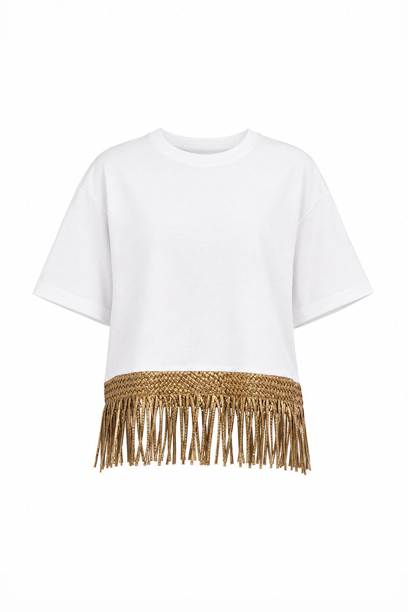 White and gold MALLA TSHIRT by Maylé Vásquez, stylish tops featuring a sleek design and vibrant color combination.