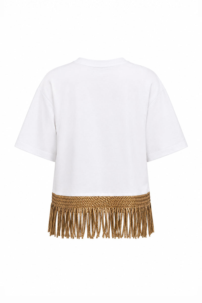 White and gold MALLA T-shirt from Maylé Vásquez featuring a stylish, fitted design with gold accents, perfect for casual wear.