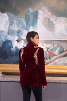 Nadya Shah Manal brown smoking jacket with satin lapels, tailored fit, and elegant design, perfect for stylish evening wear.