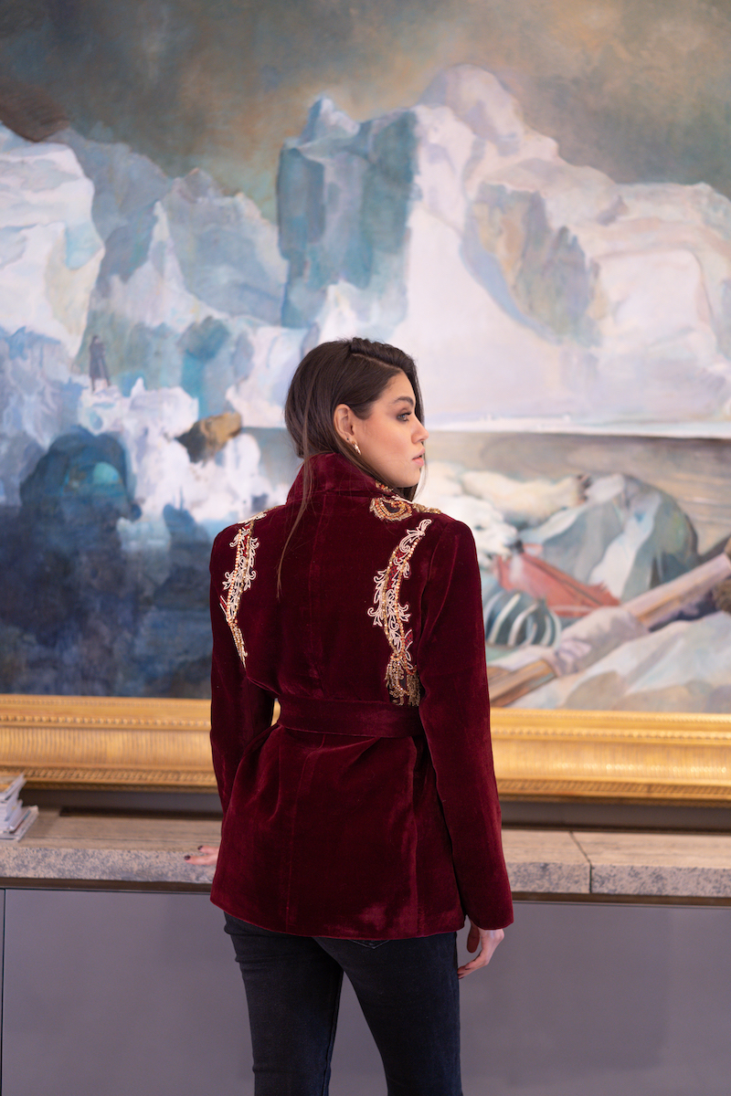 Nadya Shah Manal brown smoking jacket with satin lapels, tailored fit, and elegant design, perfect for stylish evening wear.