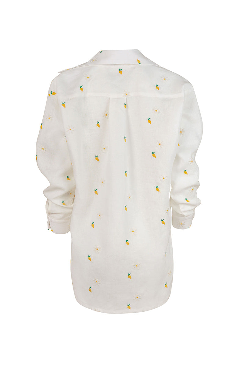 Estefania Camomile Ivory Mango button-down shirt with long sleeves and classic collar, made from lightweight fabric.
