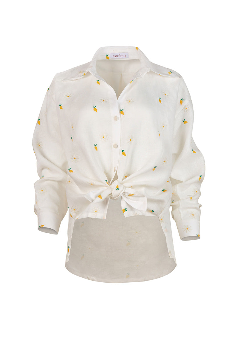 Estefania Camomille Ivory Mango button-down shirt with long sleeves and collar, white fabric, casual and stylish for everyday wear.