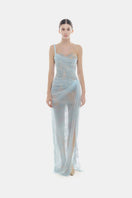 Blue Mara dress by Montsand, elegant gown featuring flowing fabric and stylish design, shown on a model.
