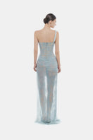 Elegant blue Mara gown by Montsand, featuring flowing fabric and intricate detailing, perfect for formal occasions.