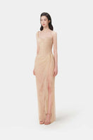 Pink Mara dress by Montsand, elegant gown with flowing fabric and a fitted bodice, perfect for formal occasions.