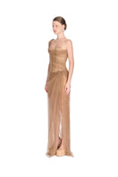 Montsand Mara brown gown featuring elegant fabric and flowing design, perfect for formal occasions.