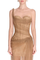 Montsand Mara brown gown with elegant flowing fabric and intricate detailing, perfect for formal occasions.