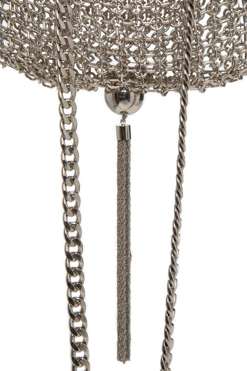 Silver Silvia Gnecchi Marais shoulder bag with sleek design and silver hardware, shown in a still-life image.