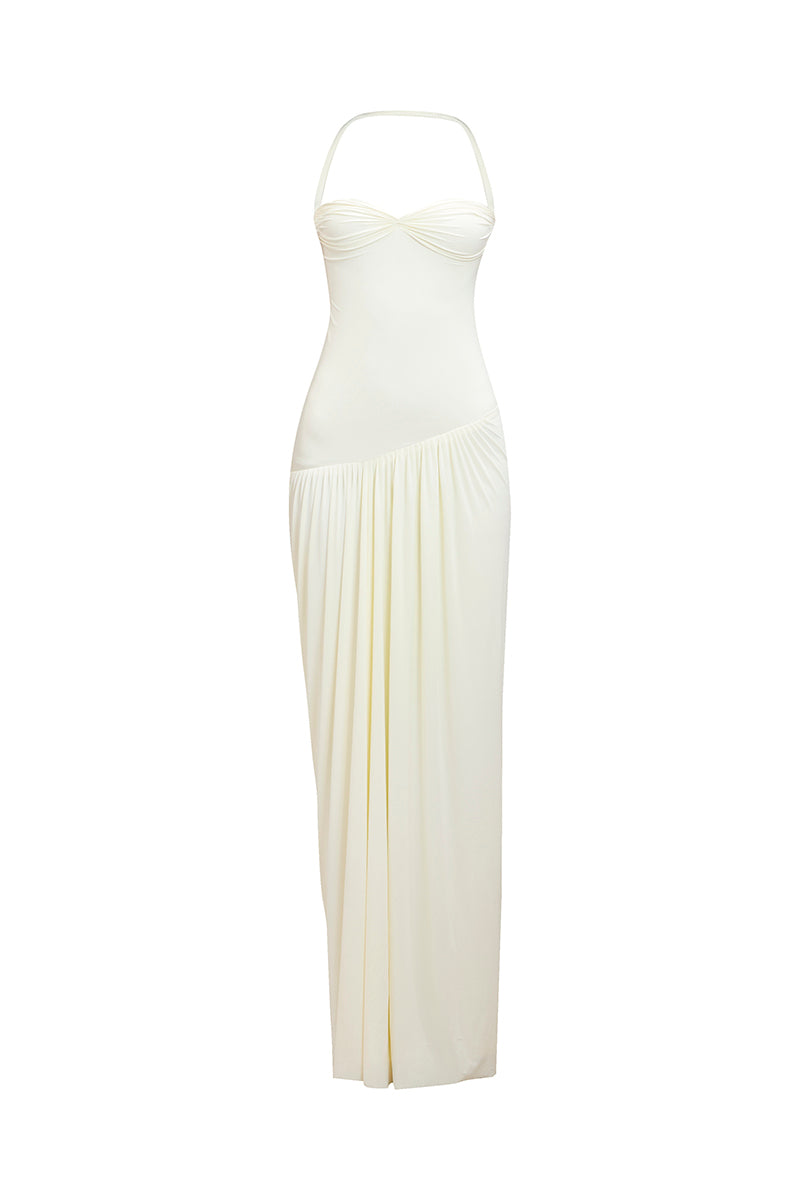 Maison des Copains Nasir Gathered Scoop Neck Tencel Floor Length Dress in Cream | Cult Mia Maison des Copains Nasir Gathered Scoop Neck Tencel Floor Length Dress in Cream | Cult Mia