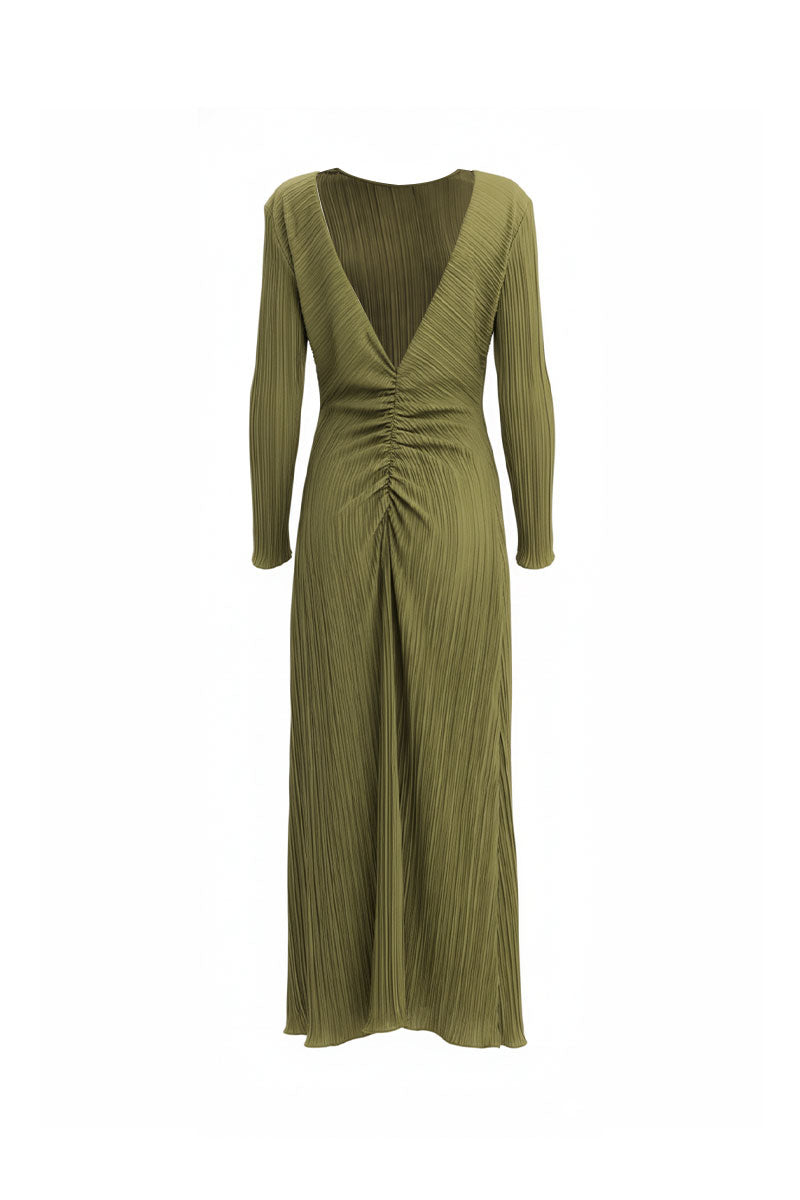 Forest green Maylé Vásquez MARENA maxi dress with flowing fabric and elegant design.