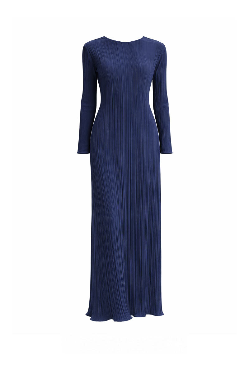 Midnight-blue Maylé Vásquez MARENA maxi dress with flowing fabric and elegant design, displayed on a hanger.