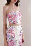 White floral Rayane Bacha MAREÁ co-ord set featuring a matching top and pants with a stylish, elegant design.