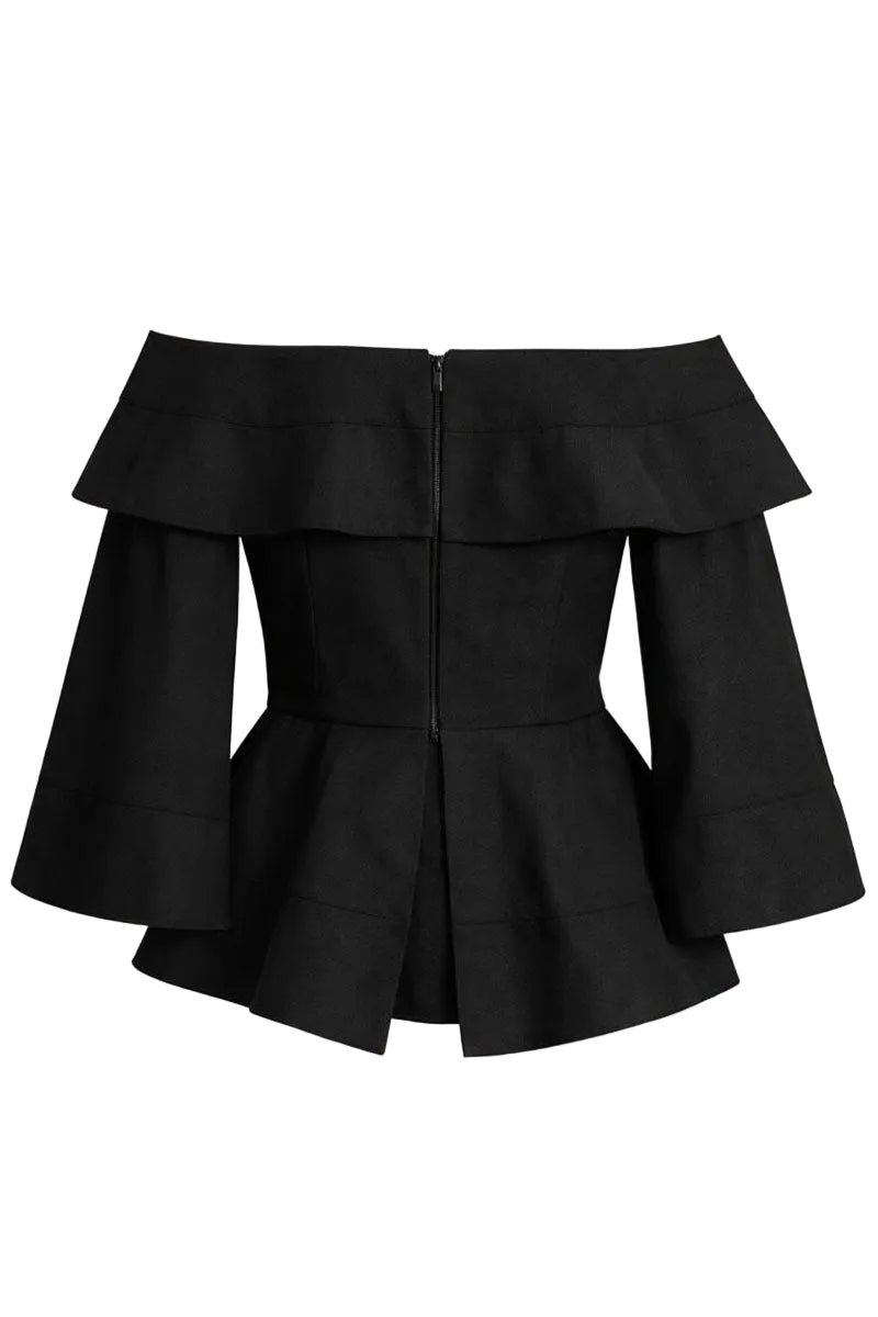Black Marena blouse by ANA + MARIA, stylish tops image showing the elegant design and fabric details of the black blouse.