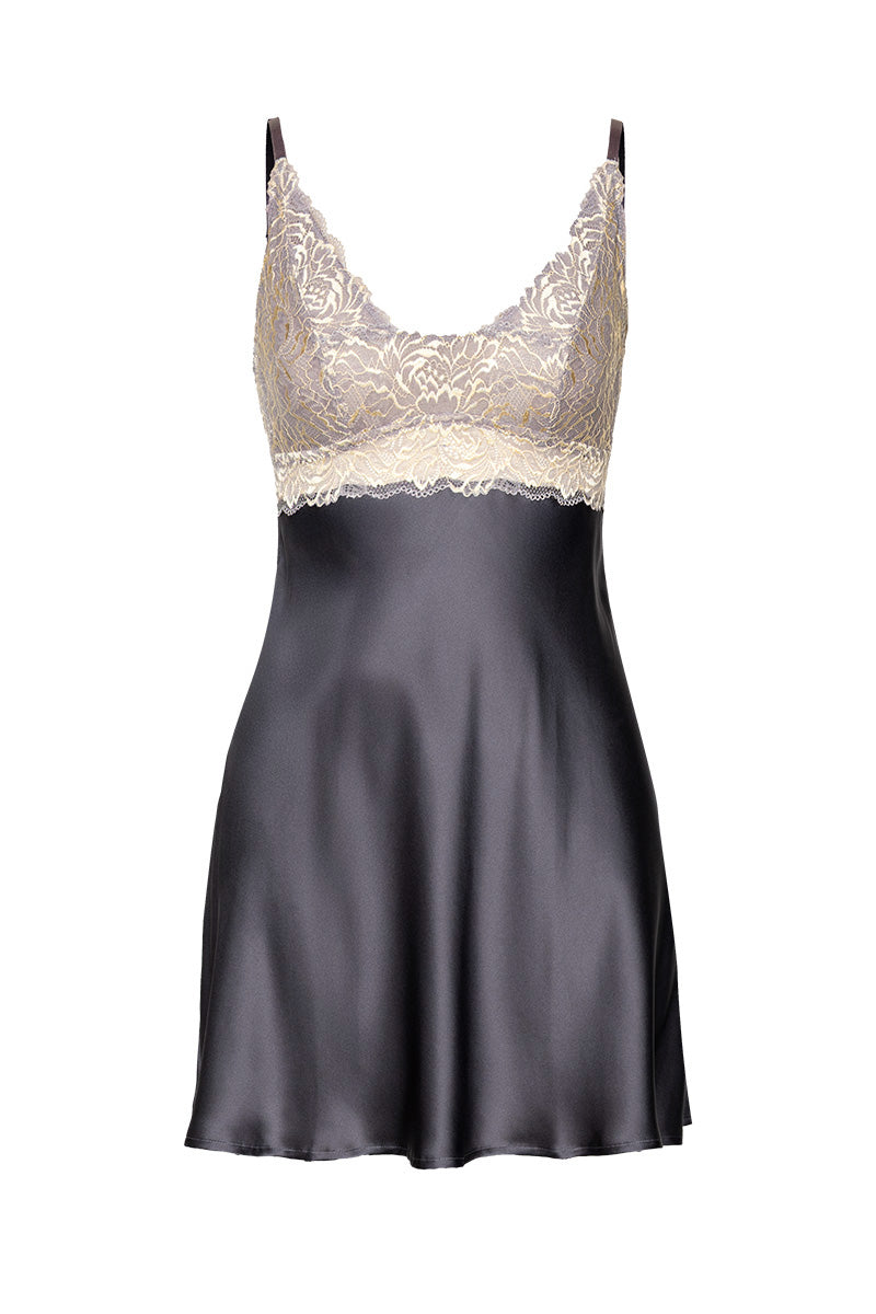 NK IMODE Margaux sophisticated sensual silk chemise with bust support in wet sand color, featuring elegant, smooth fabric and delicate design.