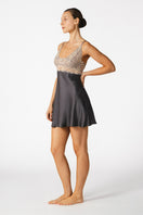 Elegant silk chemise by NK IMODE, Margaux Sophisticated Sensual bust-support nightgown in Wet Sand color, featuring smooth fabric and delicate design.