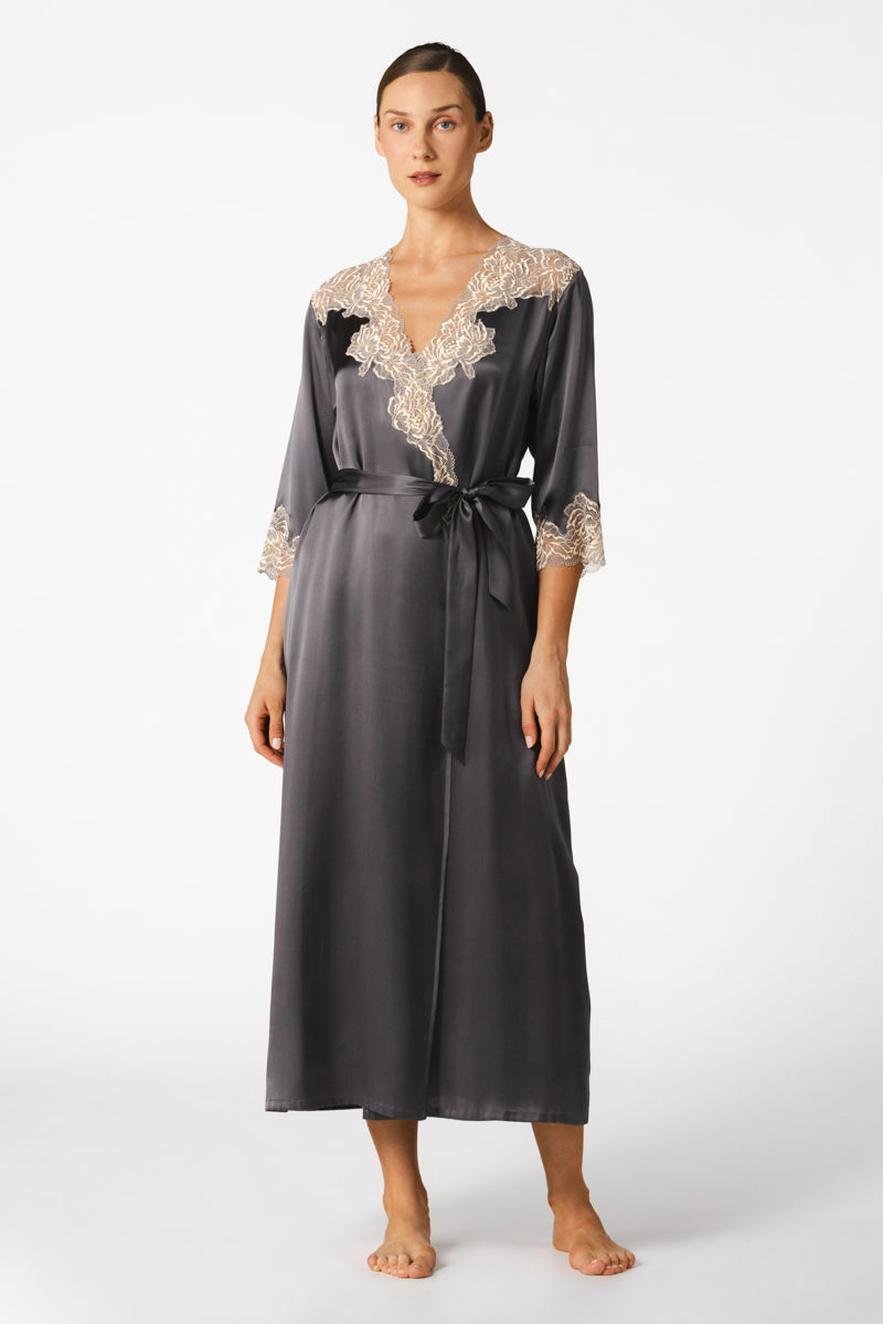 NK IMODE Margaux sophisticated long silk robe in wet sand color, featuring elegant, flowing design and luxurious fabric.