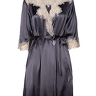 NK IMODE Margaux sophisticated short silk robe in wet sand color, showcasing smooth fabric and elegant design.