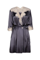 NK IMODE Margaux sophisticated short silk robe in wet sand color, showcasing smooth fabric and elegant design.