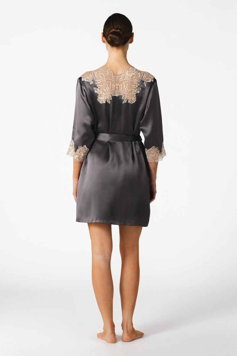 NK IMODE Margaux short silk robe in wet sand color, showcasing its smooth fabric and elegant, sophisticated design.
