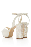 Ivory leather block heel shoes with pearl embellishments from Freya Rose's Margot collection.