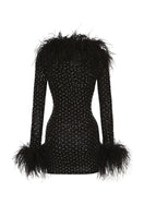 Back view of Nana Jacqueline Margot Feather Mini Dress in black, showcasing the elegant feather detail and fitted silhouette.