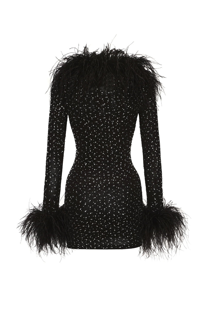 Back view of Nana Jacqueline Margot Feather Mini Dress in black, showcasing the elegant feather detail and fitted silhouette.