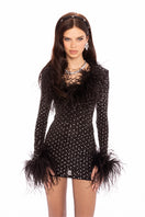 Nana Jacqueline Margot Feather Mini Dress in black, showcasing a stylish sleeveless mini dress with feather details for a chic look.