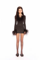 Black Margot Feather Mini Dress by Nana Jacqueline, showcasing a stylish mini dress with feather details and a fitted silhouette.