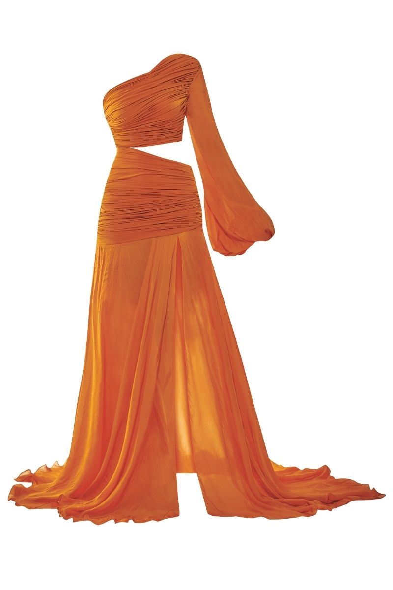 MARIELLE RUST ONE-SHOULDER RUCHED GOWN - CULT MIA