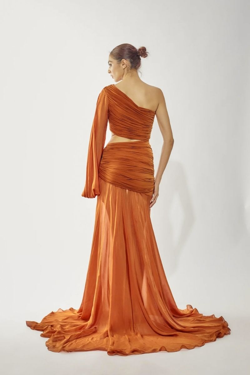 MARIELLE RUST ONE-SHOULDER RUCHED GOWN | CULT MIA | Deme By Gabriella MARIELLE RUST ONE-SHOULDER RUCHED GOWN | CULT MIA | Deme By Gabriella