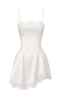 White Marilyn satin mini dress by Nana Jacqueline, featuring a sleek fit and elegant design perfect for stylish occasions.