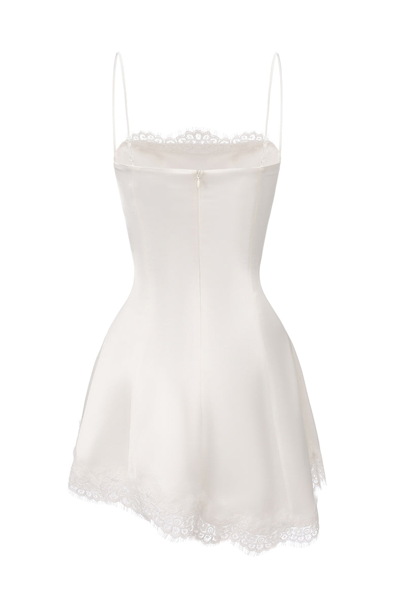 White Marilyn satin mini dress by Nana Jacqueline, back view showing fitted silhouette and elegant design.