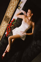 White Marilyn satin mini dress by Nana Jacqueline, stylish short dress with elegant satin fabric and modern design.