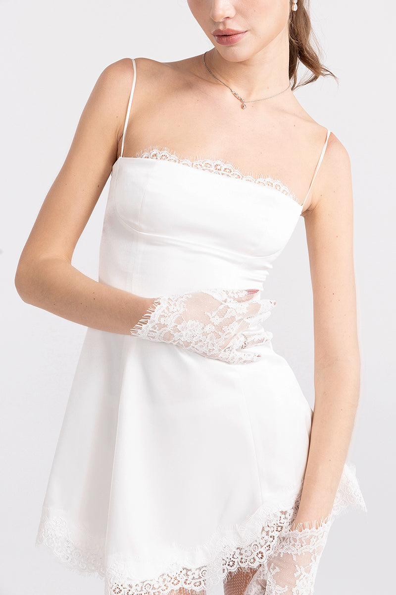 White Marilyn satin mini dress by Nana Jacqueline, featuring a sleek, fitted silhouette and elegant satin fabric.