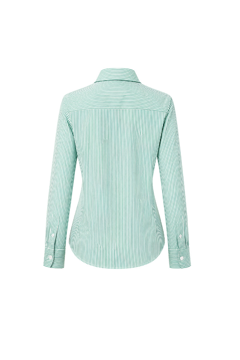 Back view of a green striped Verdelimon shirt with a classic collar and long sleeves, displayed flat against a white background.