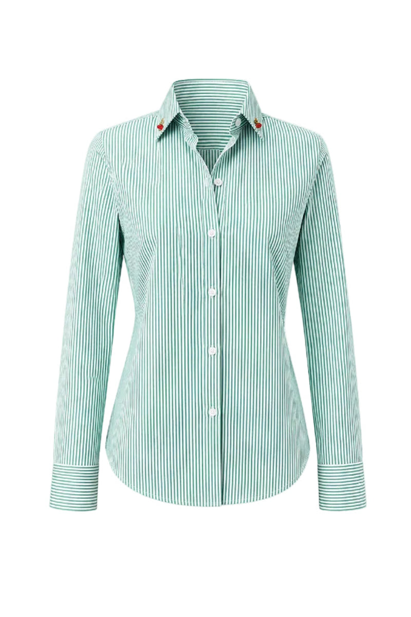 Green striped Verdelimon shirt with a front view, featuring a classic collar and long sleeves, casual and stylish for everyday wear.