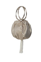Silver Marquise top handle bag with crystal drop detail on Alice wristlet, featuring elegant design and sleek metallic finish.