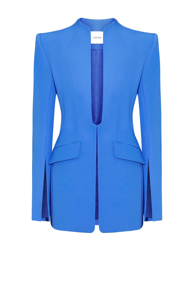 Blue Marseille jacket by LEKIEU, featuring a stylish and comfortable design, shown hanging on a clothing rack.
