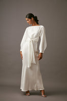 Mastani Roohi wrap top and Mastani Maxi slip co-ord set in pearl color, featuring stylish design and comfortable fit.
