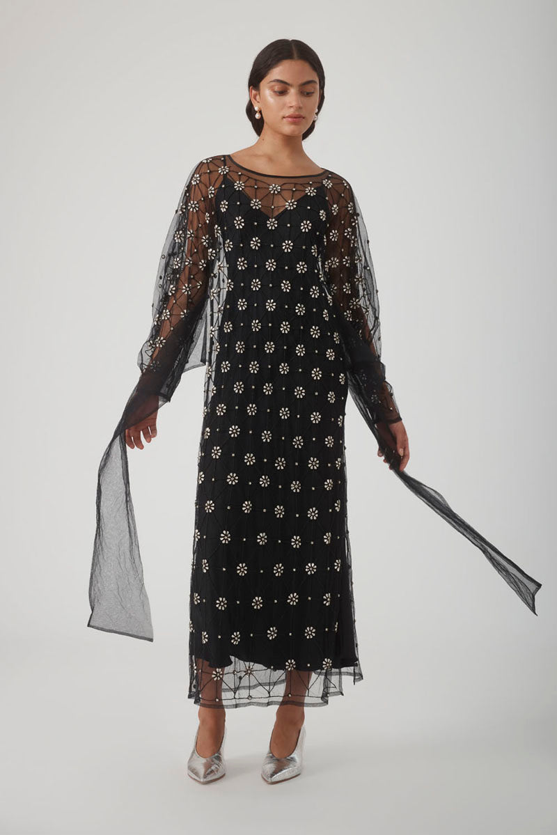 LIBA CRYSTAL TULLE DRESS IN NOIR - CULT MIA