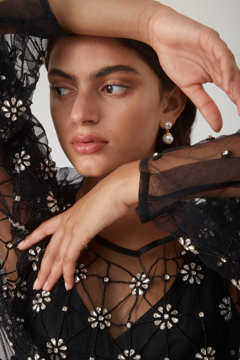 LIBA CRYSTAL TULLE DRESS IN NOIR - CULT MIA