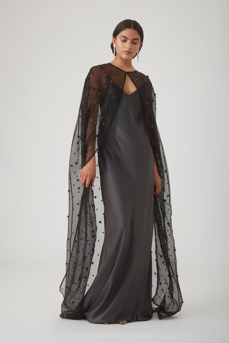 MAXI FLORAL BEADED CAPE IN NOIR - CULT MIA