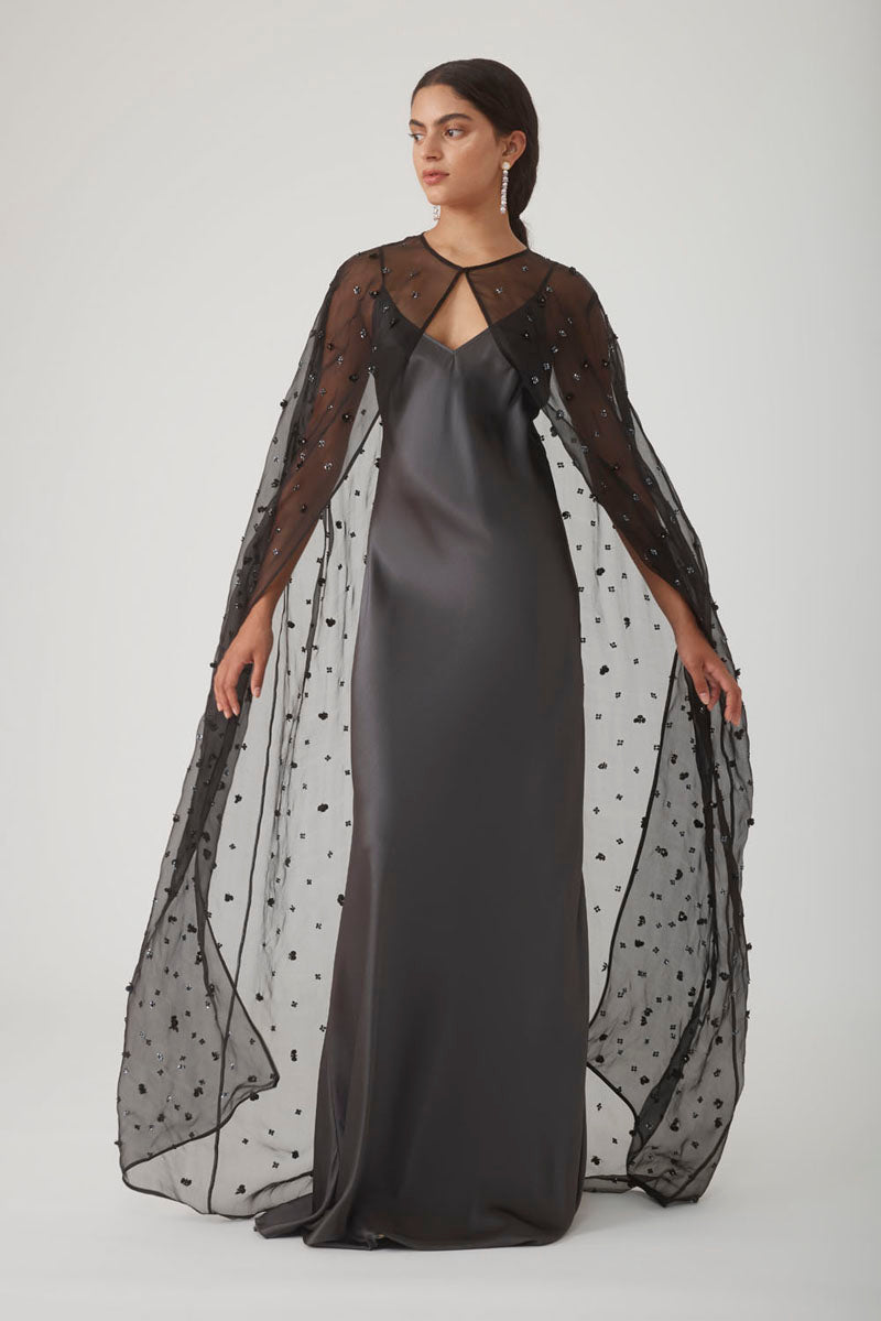 MAXI FLORAL BEADED CAPE IN NOIR - CULT MIA