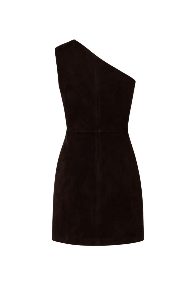 ZUT Matriarca mini dress in chocolate color, fitted with long sleeves and a stylish silhouette, displayed on a hanger.